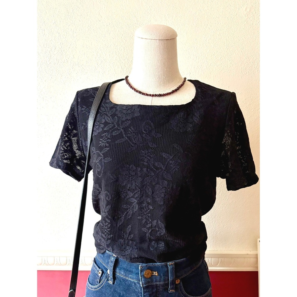 Vintage Y2K ER Designs Black Floral Lace Square Neck Top Sz M Dark Coquette Goth